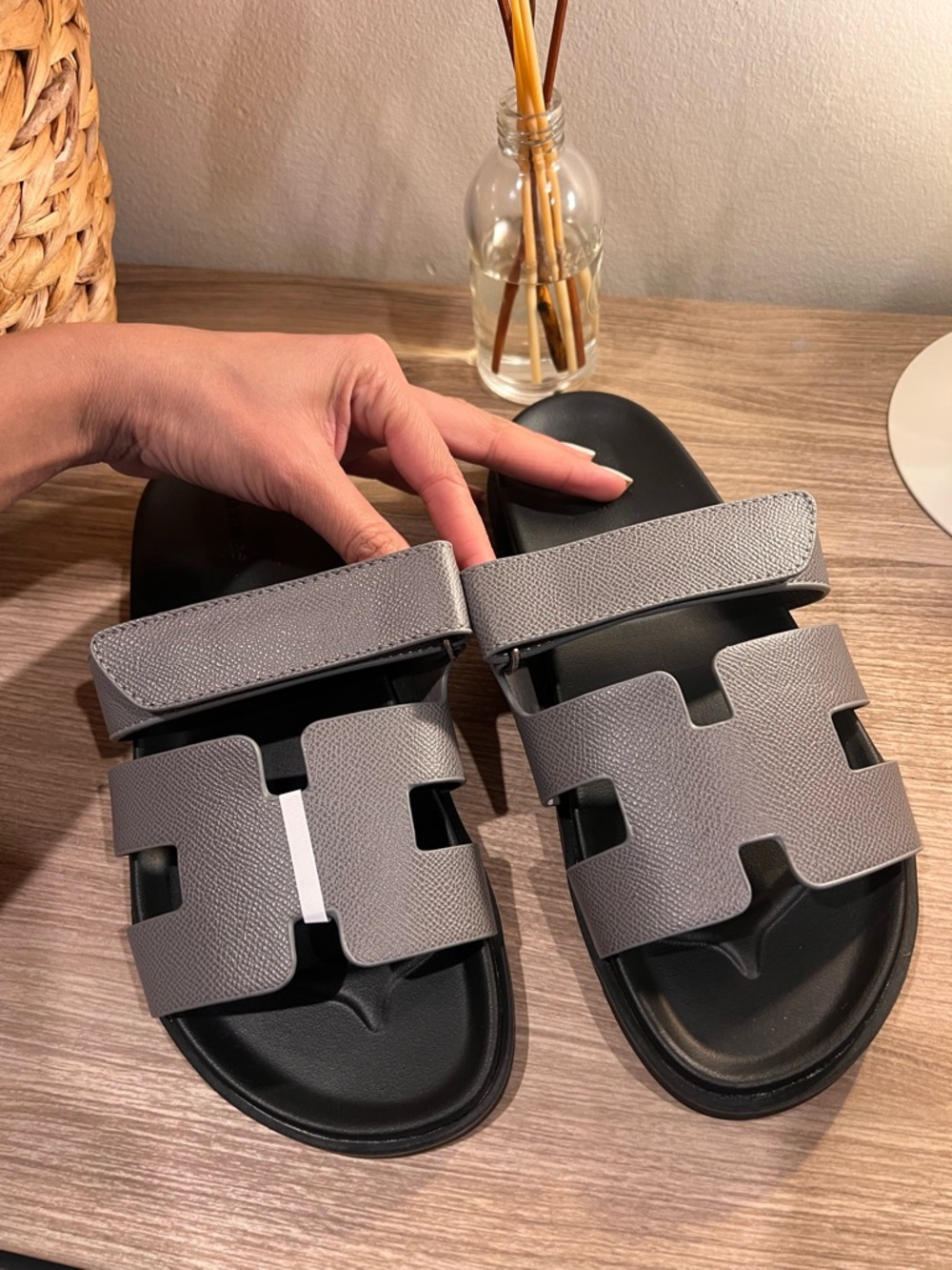 Gray Slide Sandals with H Cutout